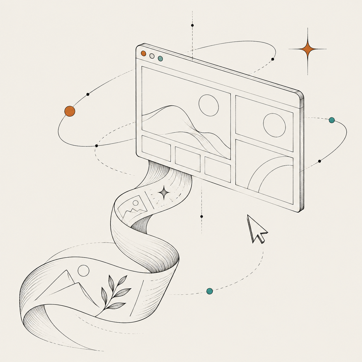 An ink ribbon unfolds into a browser window, turning a loose idea into an interface.